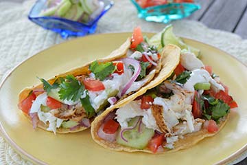 Fish Tacos with Citrus Cucumber Relish and Pico de Gallo