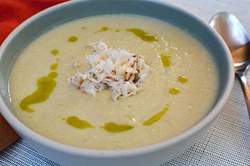 Sweet White Corn Soup with Crab and Chive Oil